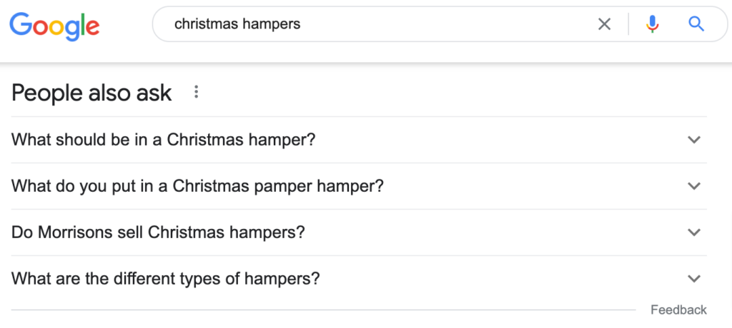 Google People Also Ask Results for Christmas Hampers