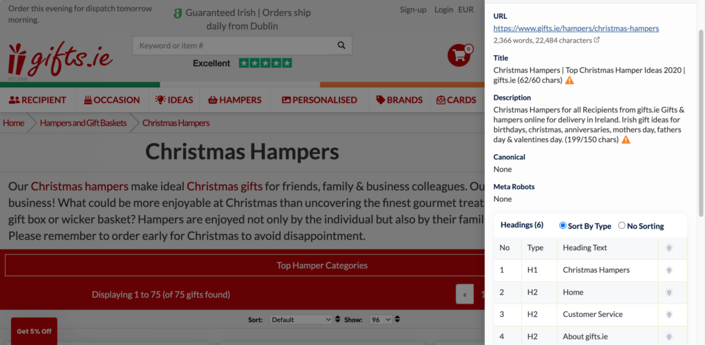 Gifts.ie On-Page SEO for Christmas Hampers
